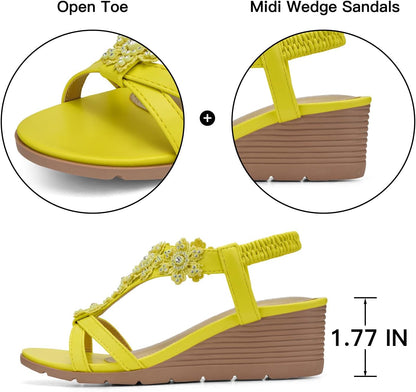 Women's Low Wedge Heels Summer Dressy Platform Sandals | Elastic Ankle Strap, Open Toe Flower Shoes for Wedding, Comfortable Cushioned for Casual Wear