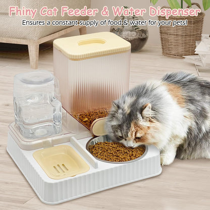 Gravity Cat Feeder & Water Dispenser, 2 in 1 Automatic Puppy Waterer Removable Stainless Steel Food Bowls Set Self Feeding Pet Food Storage for Cat Kitten Puppy Easy Clean (Yellow)