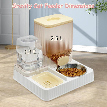 Gravity Cat Feeder & Water Dispenser, 2 in 1 Automatic Puppy Waterer Removable Stainless Steel Food Bowls Set Self Feeding Pet Food Storage for Cat Kitten Puppy Easy Clean (Yellow)