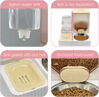 Gravity Cat Feeder & Water Dispenser, 2 in 1 Automatic Puppy Waterer Removable Stainless Steel Food Bowls Set Self Feeding Pet Food Storage for Cat Kitten Puppy Easy Clean (Yellow)