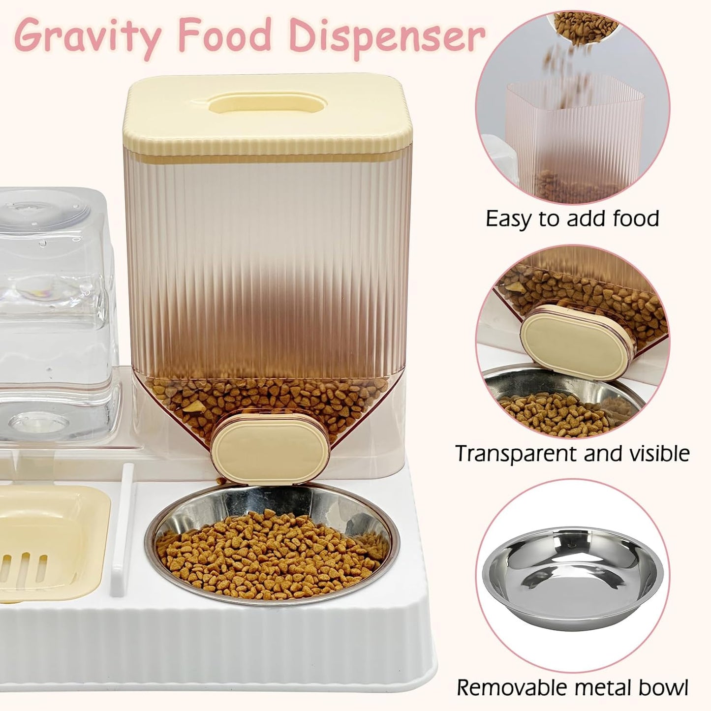 Gravity Cat Feeder & Water Dispenser, 2 in 1 Automatic Puppy Waterer Removable Stainless Steel Food Bowls Set Self Feeding Pet Food Storage for Cat Kitten Puppy Easy Clean (Yellow)