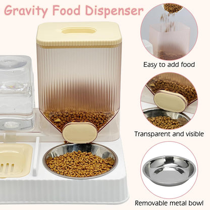 Gravity Cat Feeder & Water Dispenser, 2 in 1 Automatic Puppy Waterer Removable Stainless Steel Food Bowls Set Self Feeding Pet Food Storage for Cat Kitten Puppy Easy Clean (Yellow)