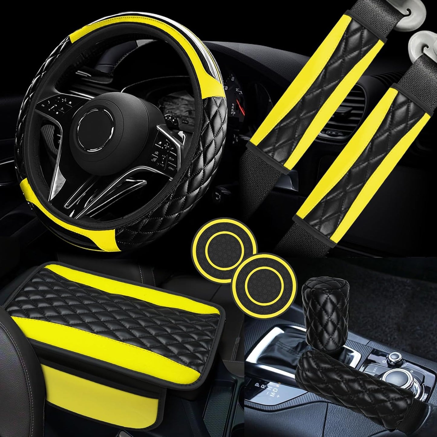 8PCS Car Accessories Set, Leather Car Steering Wheel Cover, Armrest Pad, Seat Belt Cover Pads, Gear Shift & Handbrake Covers, Cup Holder Coasters, Universal Auto Interior Accessories (Yellow)