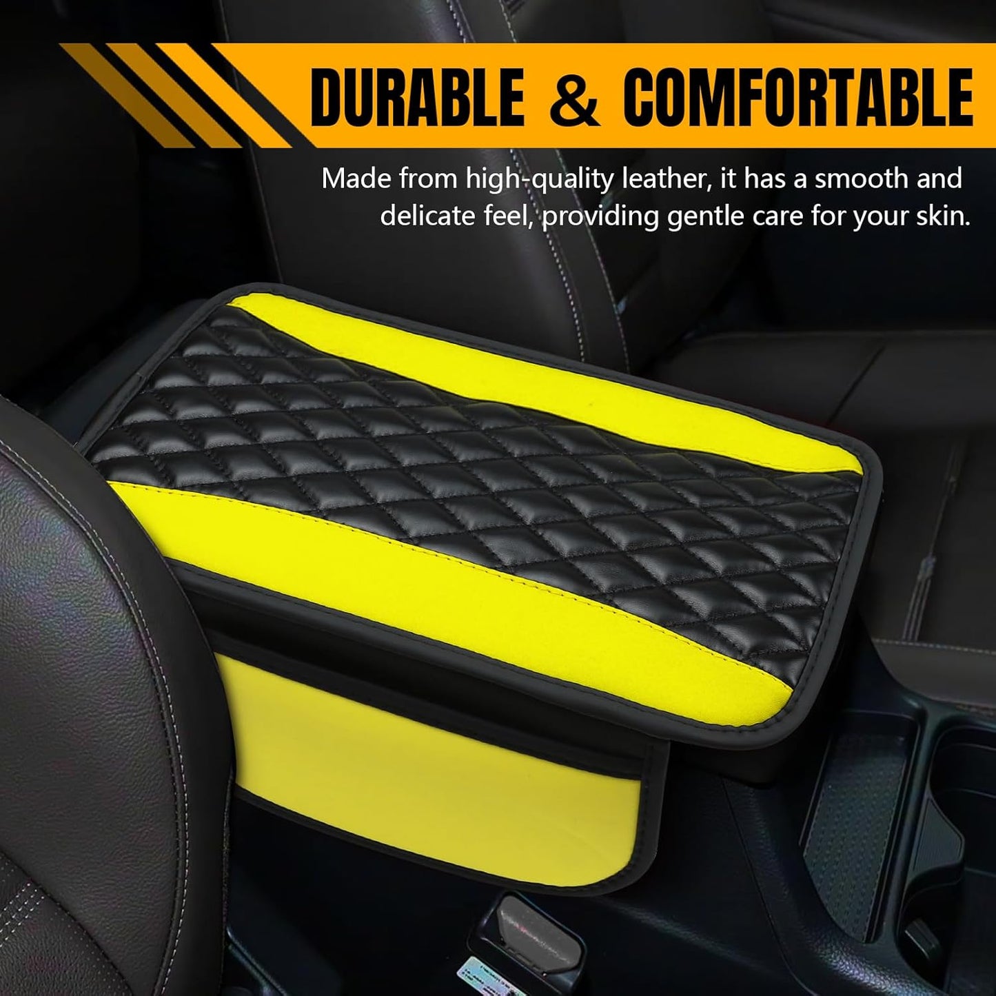 8PCS Car Accessories Set, Leather Car Steering Wheel Cover, Armrest Pad, Seat Belt Cover Pads, Gear Shift & Handbrake Covers, Cup Holder Coasters, Universal Auto Interior Accessories (Yellow)