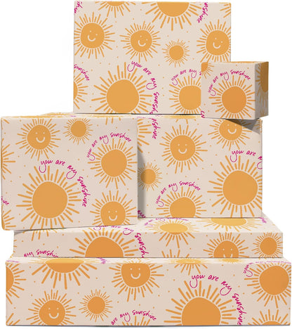Yellow Wrapping Paper - 'You Are My Sunshine' - 6 Sheets Of Gift Wrap - Summer Sun Gold - For Christmas Holiday Birthday Anniversary - Comes With Fun Stickers
