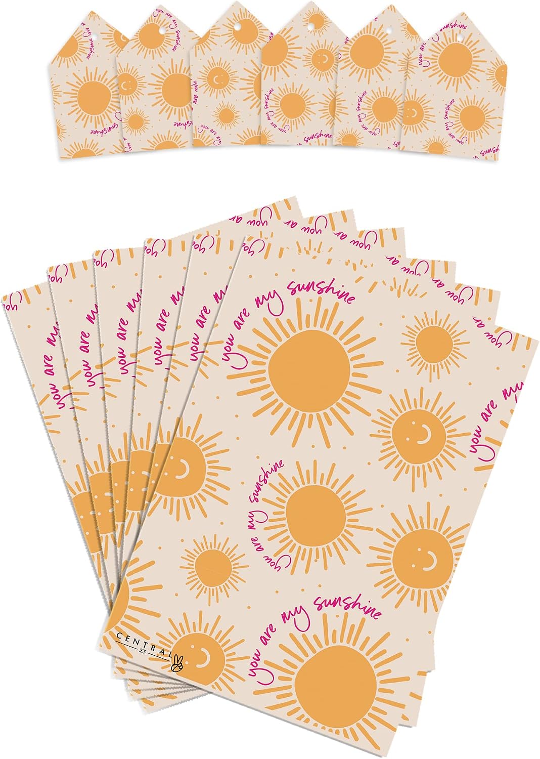 Yellow Wrapping Paper - 'You Are My Sunshine' - 6 Sheets Of Gift Wrap - Summer Sun Gold - For Christmas Holiday Birthday Anniversary - Comes With Fun Stickers
