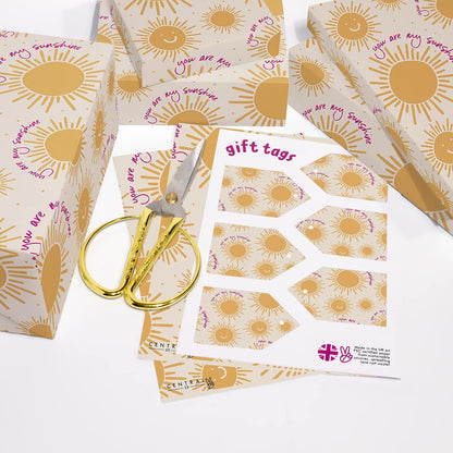 Yellow Wrapping Paper - 'You Are My Sunshine' - 6 Sheets Of Gift Wrap - Summer Sun Gold - For Christmas Holiday Birthday Anniversary - Comes With Fun Stickers