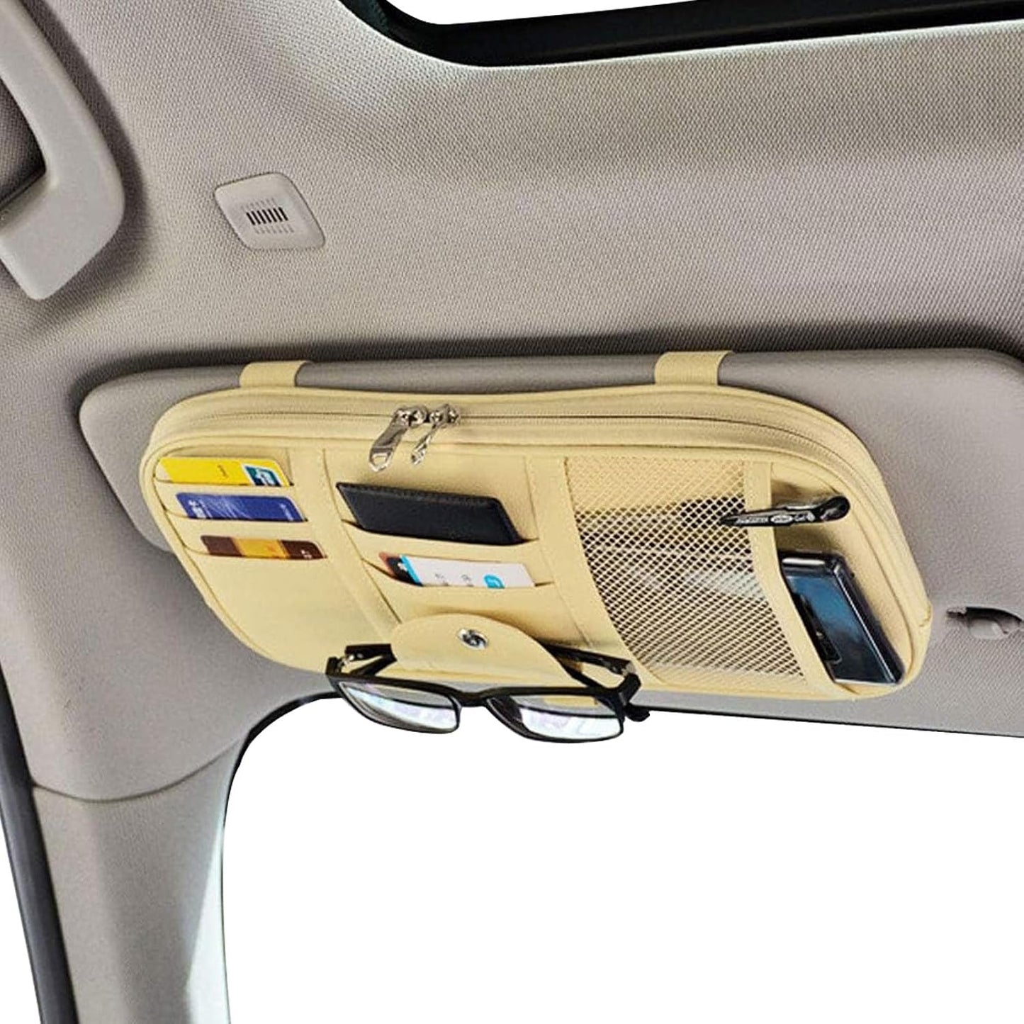 Car Sun Visor Organizer, Multi-Pocket Visor Organizer Storage Pouch for Cars, SUVs & Trucks with Double Zippers, Elastic Bands & Glasses Clip- Organizes Essentials Keep Tidy (Beige Light Yellow)