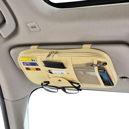 Car Sun Visor Organizer, Multi-Pocket Visor Organizer Storage Pouch for Cars, SUVs & Trucks with Double Zippers, Elastic Bands & Glasses Clip- Organizes Essentials Keep Tidy (Beige Light Yellow)