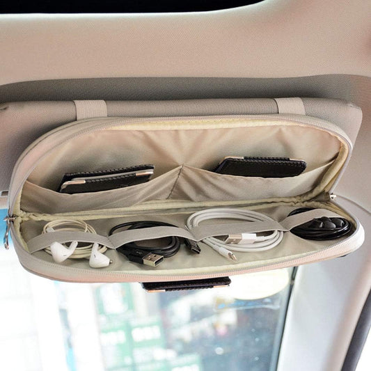 Car Sun Visor Organizer, Multi-Pocket Visor Organizer Storage Pouch for Cars, SUVs & Trucks with Double Zippers, Elastic Bands & Glasses Clip- Organizes Essentials Keep Tidy (Beige Light Yellow)