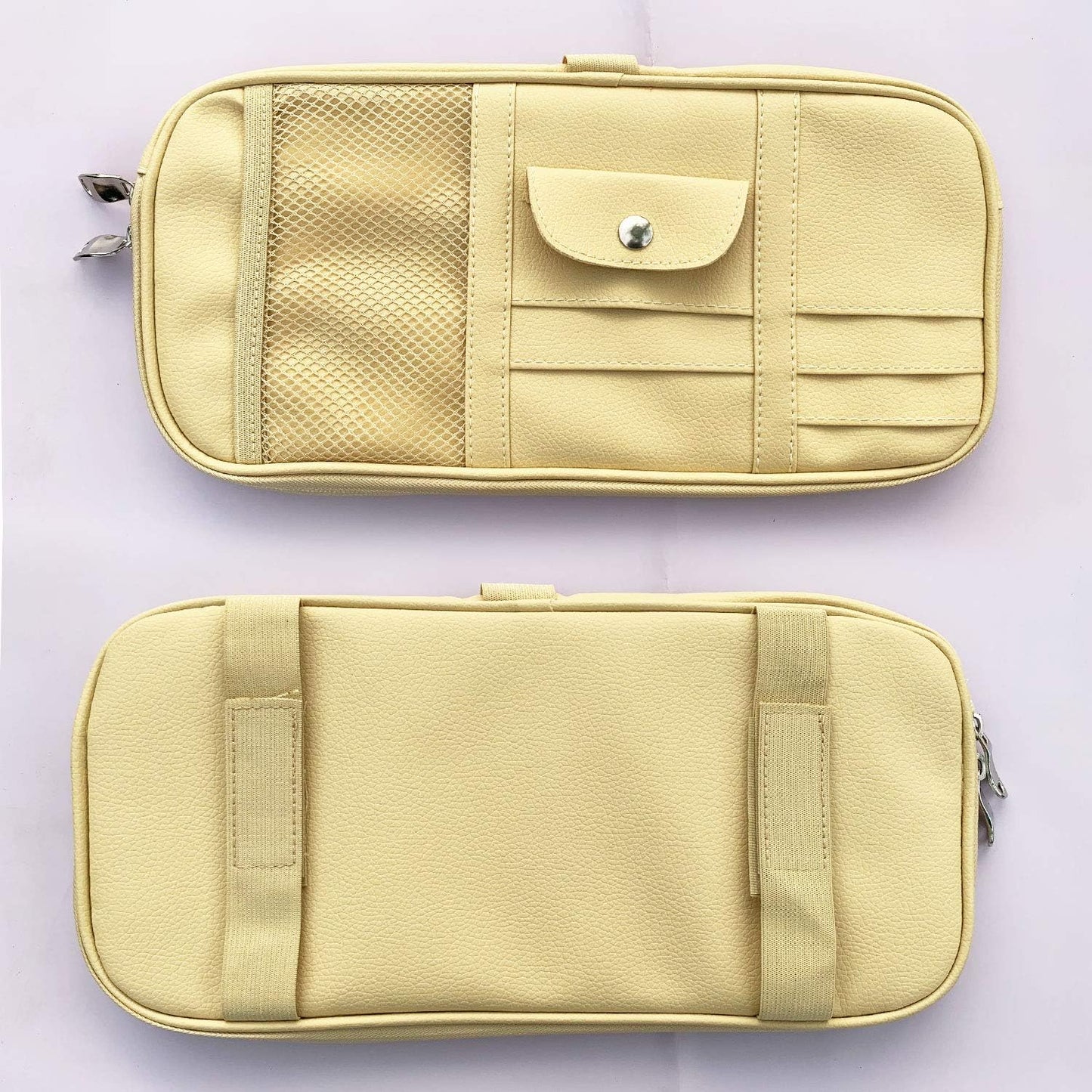 Car Sun Visor Organizer, Multi-Pocket Visor Organizer Storage Pouch for Cars, SUVs & Trucks with Double Zippers, Elastic Bands & Glasses Clip- Organizes Essentials Keep Tidy (Beige Light Yellow)