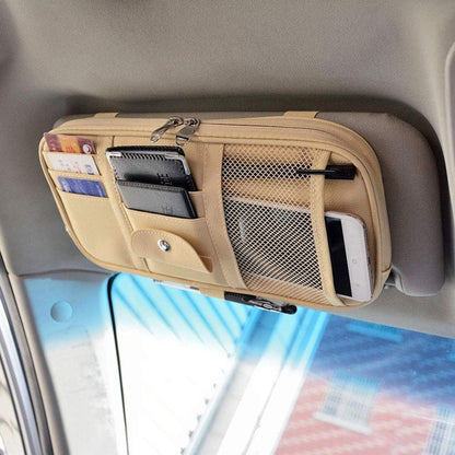 Car Sun Visor Organizer, Multi-Pocket Visor Organizer Storage Pouch for Cars, SUVs & Trucks with Double Zippers, Elastic Bands & Glasses Clip- Organizes Essentials Keep Tidy (Beige Light Yellow)