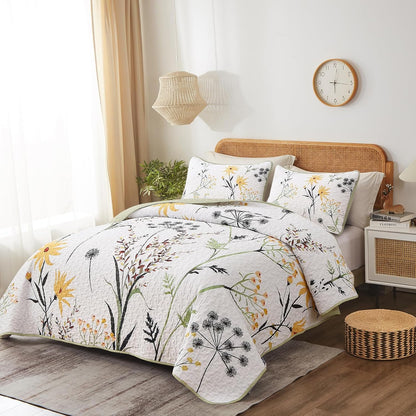 Sage Green Floral Quilt Set King Size, Yellow White Botanical Flower Quilt 3 Pieces Spring Bedspread Coverlet Set, Soft Lightweight Microfiber Bedding Set for All Season, 104"x90"