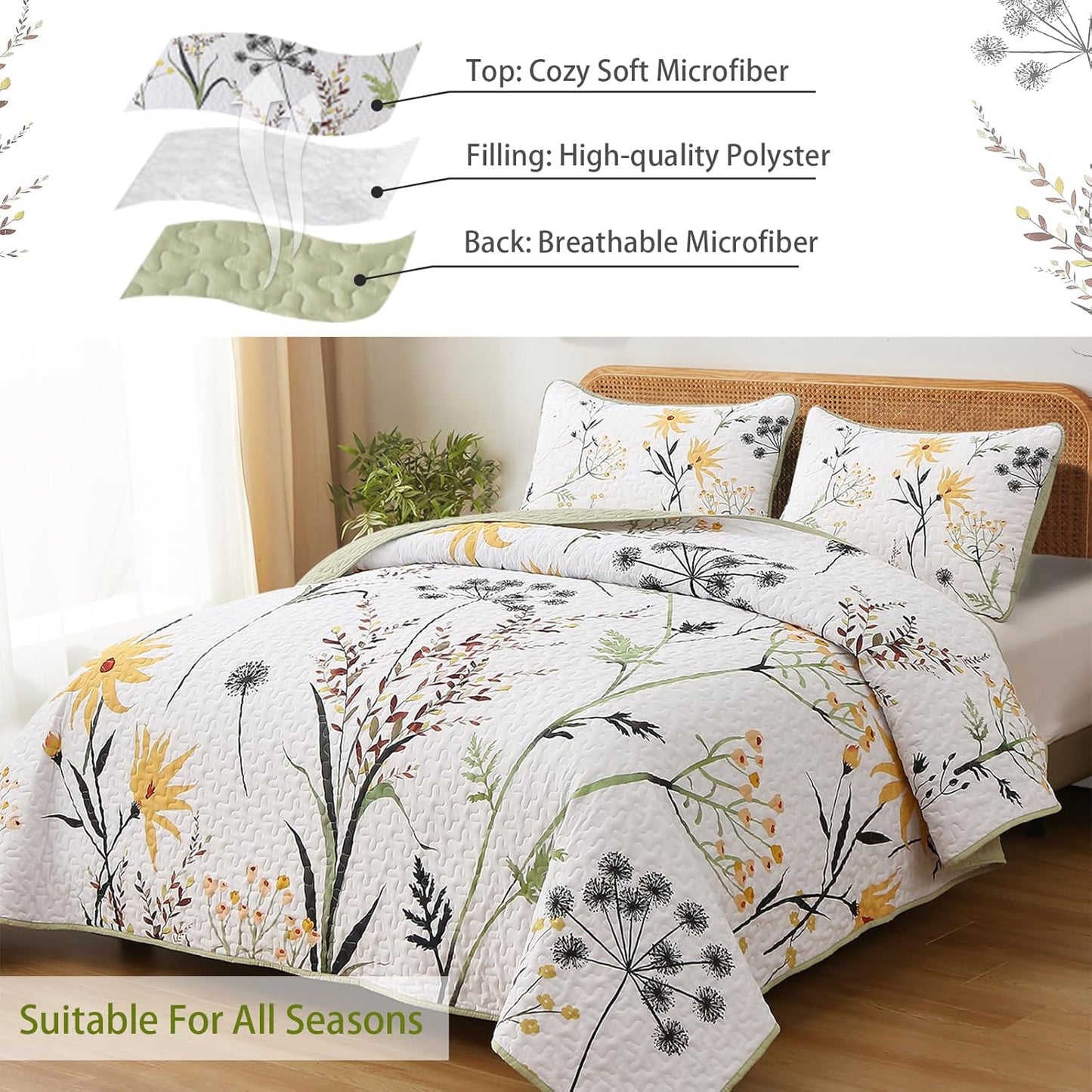 Sage Green Floral Quilt Set King Size, Yellow White Botanical Flower Quilt 3 Pieces Spring Bedspread Coverlet Set, Soft Lightweight Microfiber Bedding Set for All Season, 104"x90"