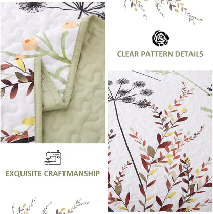 Sage Green Floral Quilt Set King Size, Yellow White Botanical Flower Quilt 3 Pieces Spring Bedspread Coverlet Set, Soft Lightweight Microfiber Bedding Set for All Season, 104"x90"
