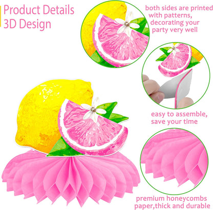 12Pcs Lemon Honeycomb Centerpieces Pink Lemon Table Toppers, Summer Citrus Fruit Themed Party Decorations for Birthday Baby Shower Pool Party Bridal Shower Wedding Table Decor
