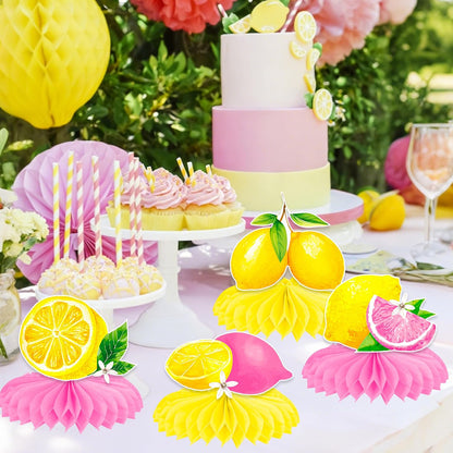 12Pcs Lemon Honeycomb Centerpieces Pink Lemon Table Toppers, Summer Citrus Fruit Themed Party Decorations for Birthday Baby Shower Pool Party Bridal Shower Wedding Table Decor