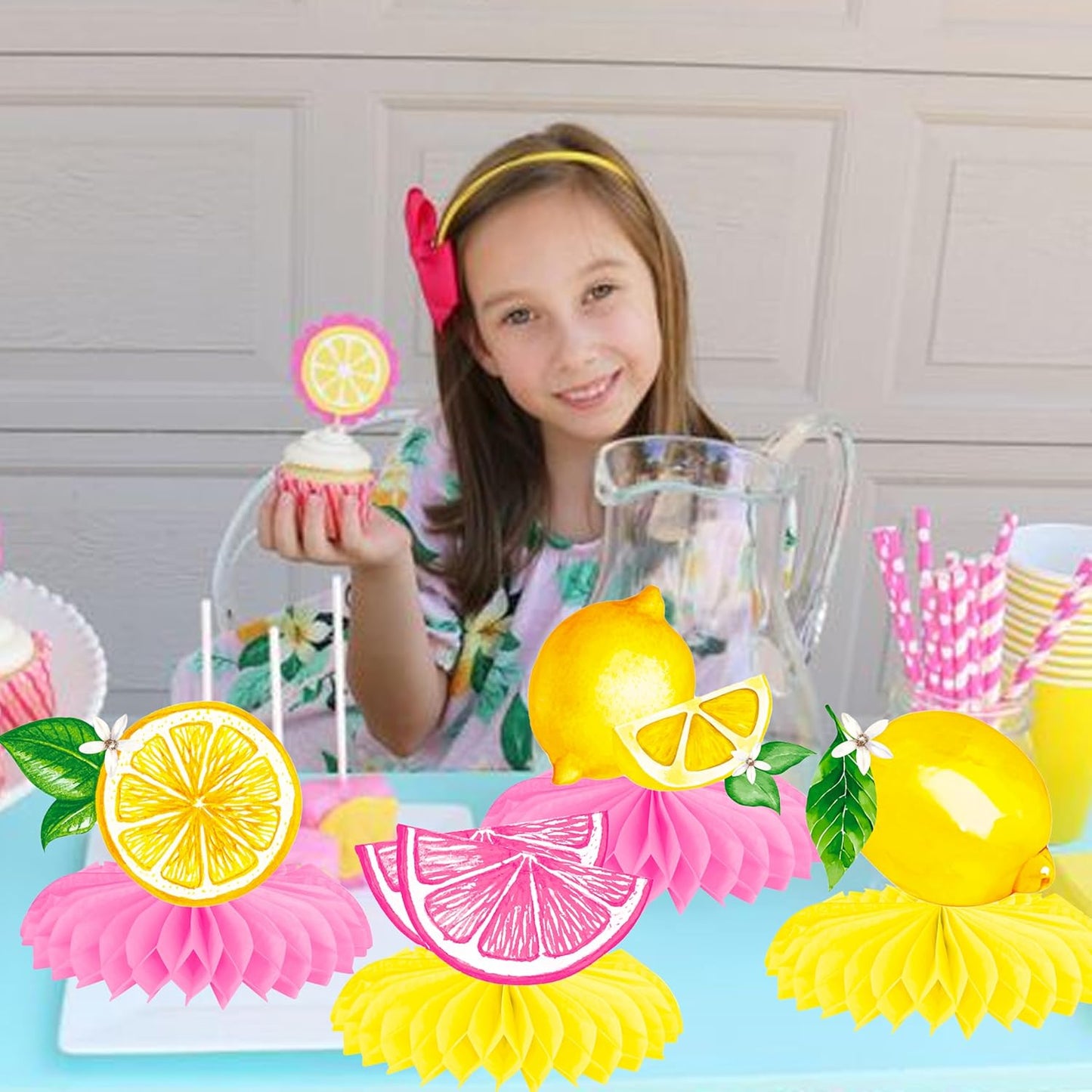 12Pcs Lemon Honeycomb Centerpieces Pink Lemon Table Toppers, Summer Citrus Fruit Themed Party Decorations for Birthday Baby Shower Pool Party Bridal Shower Wedding Table Decor