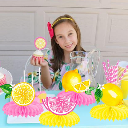 12Pcs Lemon Honeycomb Centerpieces Pink Lemon Table Toppers, Summer Citrus Fruit Themed Party Decorations for Birthday Baby Shower Pool Party Bridal Shower Wedding Table Decor