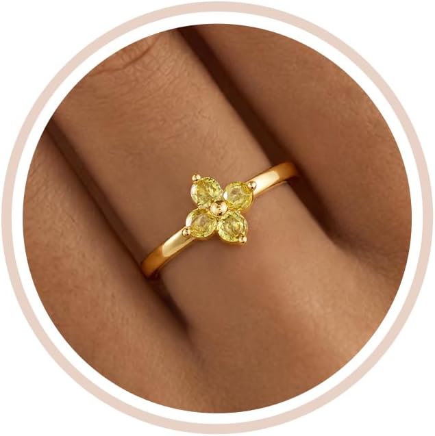 Birthstone Gold Rings for Women Non Tarnish 14K Gold Plated Clover Stackable Rings Blue Purple Pink Green Emerald Ring Gemstone CZ Promise Engagement Ring for Jewelry Gift Birthday Size 6-10