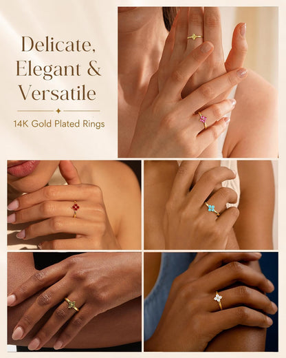 Birthstone Gold Rings for Women Non Tarnish 14K Gold Plated Clover Stackable Rings Blue Purple Pink Green Emerald Ring Gemstone CZ Promise Engagement Ring for Jewelry Gift Birthday Size 6-10