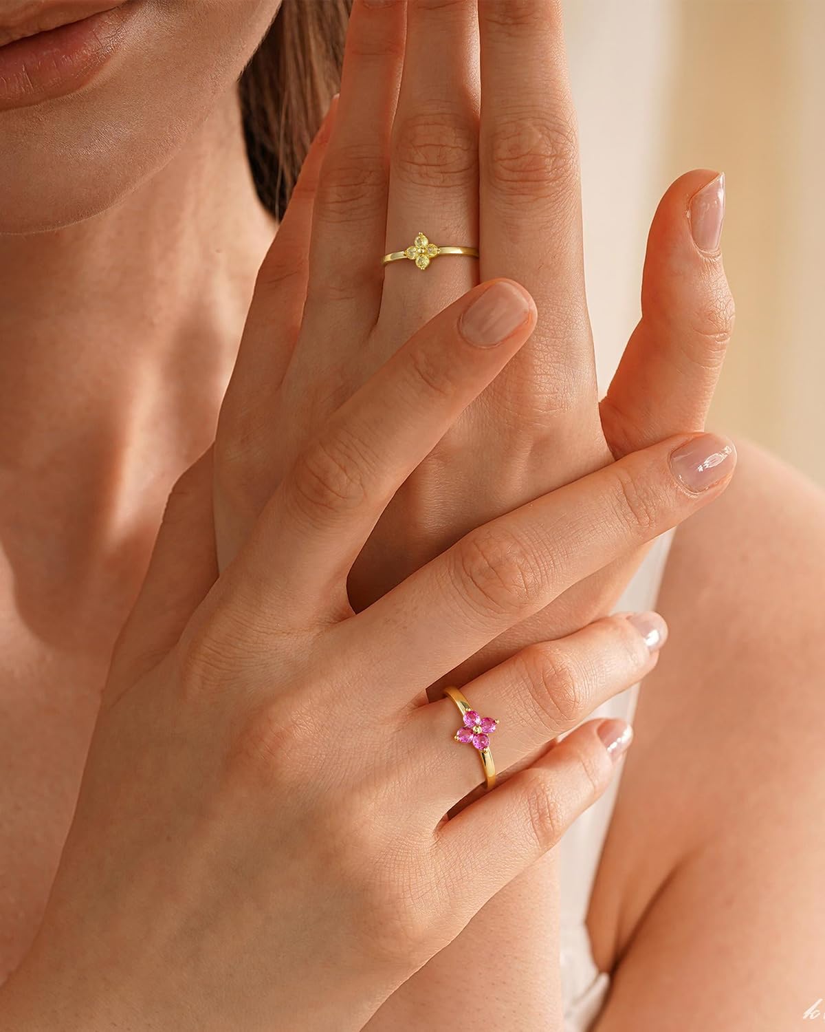 Birthstone Gold Rings for Women Non Tarnish 14K Gold Plated Clover Stackable Rings Blue Purple Pink Green Emerald Ring Gemstone CZ Promise Engagement Ring for Jewelry Gift Birthday Size 6-10