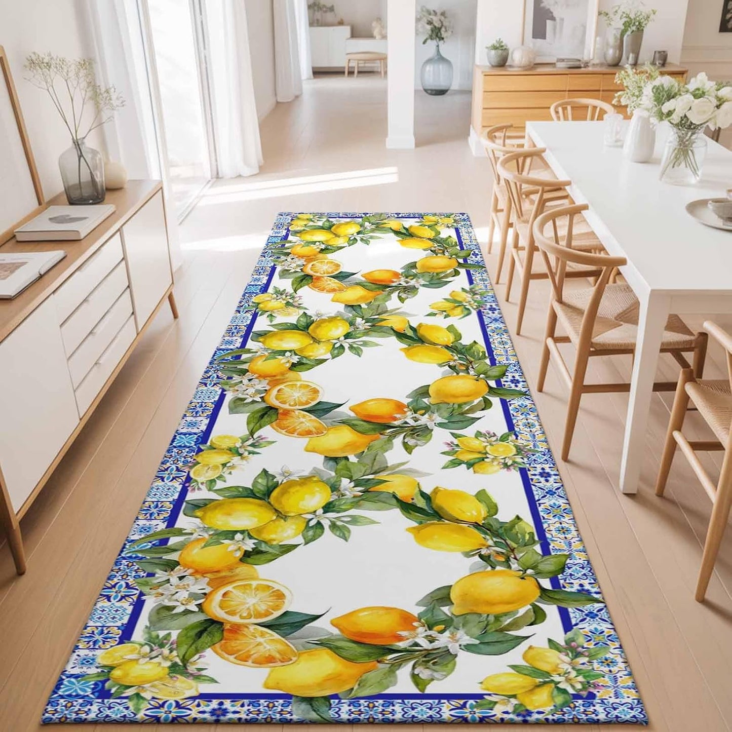 2x6 Summer Lemon Runner Rug for Hallway or Galley Kitchen, Washable Low Pile Non Slip Rug National Style Lemon Floral Blue Flower Texture