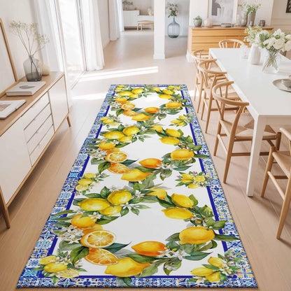 2x6 Summer Lemon Runner Rug for Hallway or Galley Kitchen, Washable Low Pile Non Slip Rug National Style Lemon Floral Blue Flower Texture