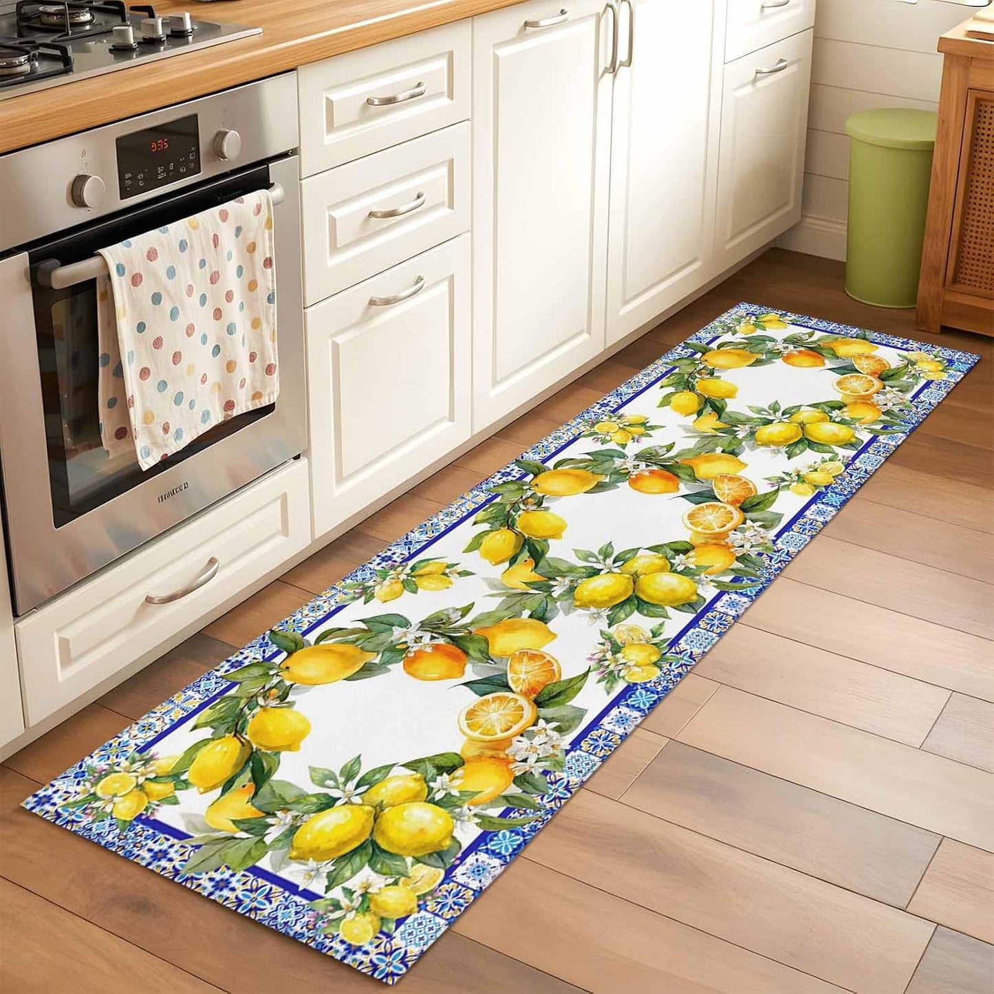 2x6 Summer Lemon Runner Rug for Hallway or Galley Kitchen, Washable Low Pile Non Slip Rug National Style Lemon Floral Blue Flower Texture