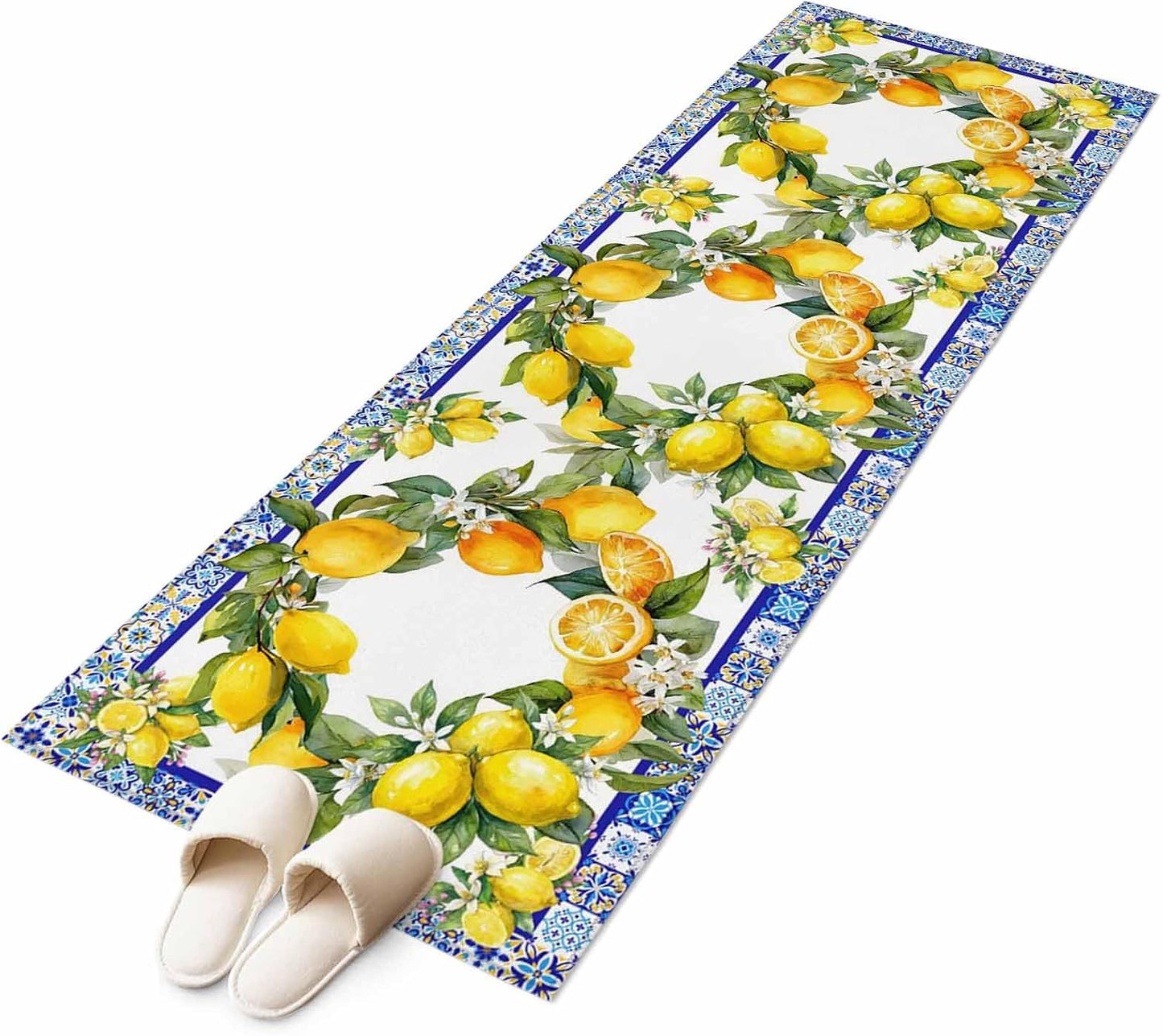 2x6 Summer Lemon Runner Rug for Hallway or Galley Kitchen, Washable Low Pile Non Slip Rug National Style Lemon Floral Blue Flower Texture
