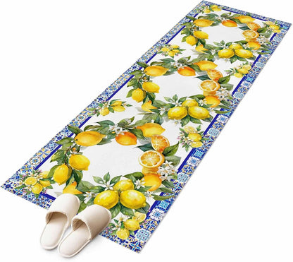 2x6 Summer Lemon Runner Rug for Hallway or Galley Kitchen, Washable Low Pile Non Slip Rug National Style Lemon Floral Blue Flower Texture
