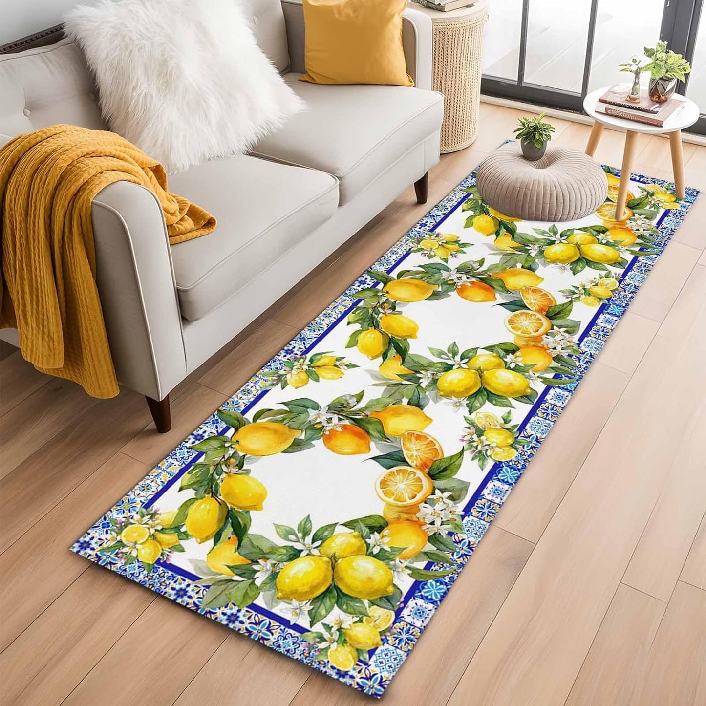 2x6 Summer Lemon Runner Rug for Hallway or Galley Kitchen, Washable Low Pile Non Slip Rug National Style Lemon Floral Blue Flower Texture