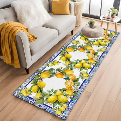 2x6 Summer Lemon Runner Rug for Hallway or Galley Kitchen, Washable Low Pile Non Slip Rug National Style Lemon Floral Blue Flower Texture