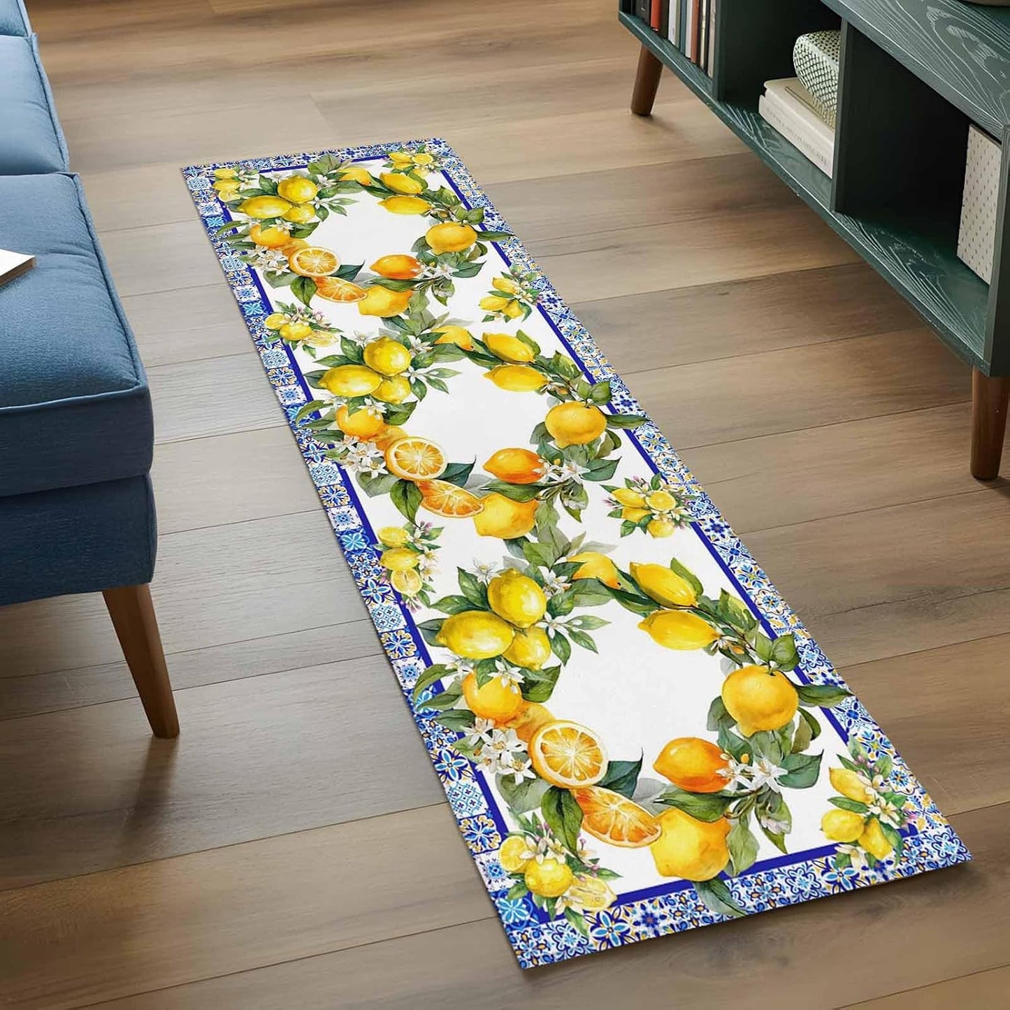 2x6 Summer Lemon Runner Rug for Hallway or Galley Kitchen, Washable Low Pile Non Slip Rug National Style Lemon Floral Blue Flower Texture