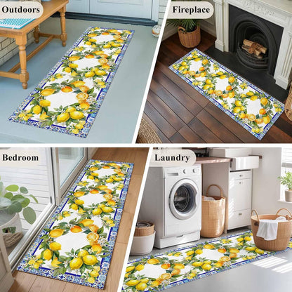 2x6 Summer Lemon Runner Rug for Hallway or Galley Kitchen, Washable Low Pile Non Slip Rug National Style Lemon Floral Blue Flower Texture