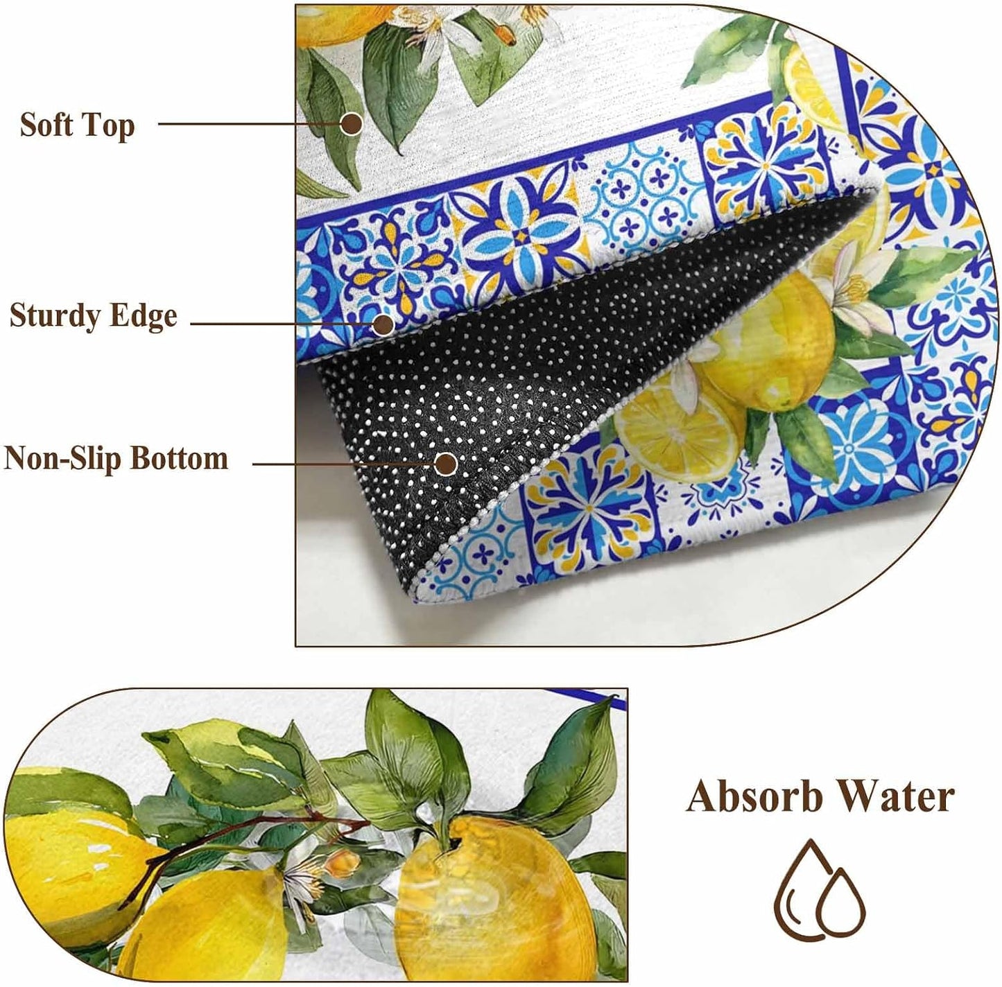 2x6 Summer Lemon Runner Rug for Hallway or Galley Kitchen, Washable Low Pile Non Slip Rug National Style Lemon Floral Blue Flower Texture