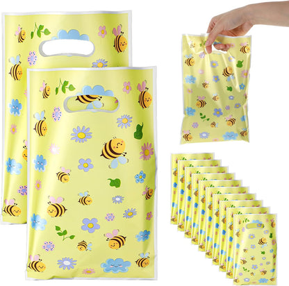 50PCS Bee Party Favors Bags with Handles Plastic Waterproof Goodie Bag Yellow Floral Gift Bags Candy Treat Gift Wrapping for Bee Themed Birthday Party Decoration Supplies