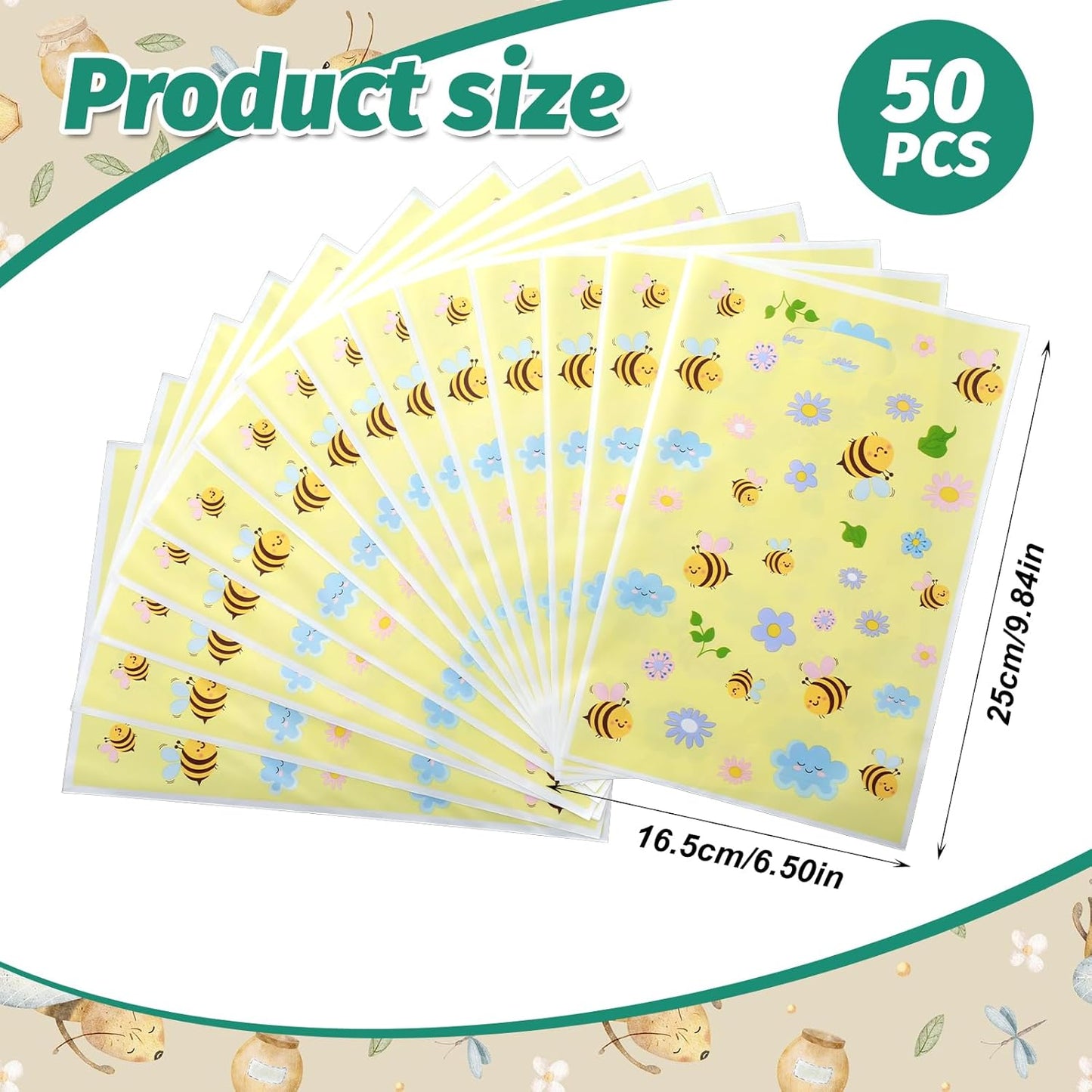 50PCS Bee Party Favors Bags with Handles Plastic Waterproof Goodie Bag Yellow Floral Gift Bags Candy Treat Gift Wrapping for Bee Themed Birthday Party Decoration Supplies