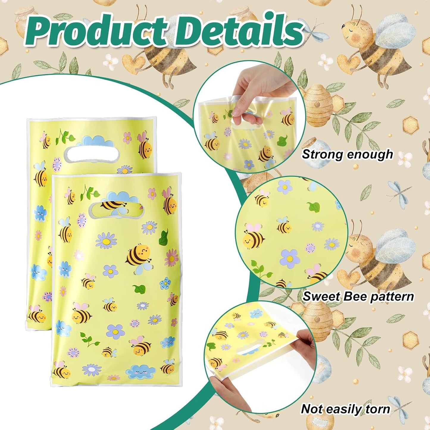 50PCS Bee Party Favors Bags with Handles Plastic Waterproof Goodie Bag Yellow Floral Gift Bags Candy Treat Gift Wrapping for Bee Themed Birthday Party Decoration Supplies