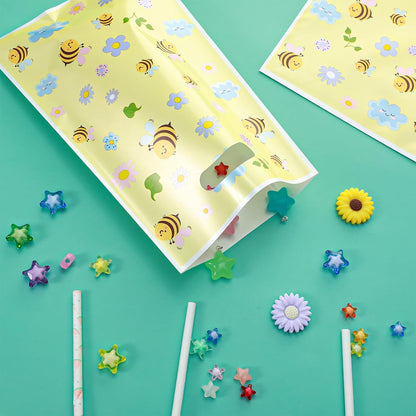 50PCS Bee Party Favors Bags with Handles Plastic Waterproof Goodie Bag Yellow Floral Gift Bags Candy Treat Gift Wrapping for Bee Themed Birthday Party Decoration Supplies