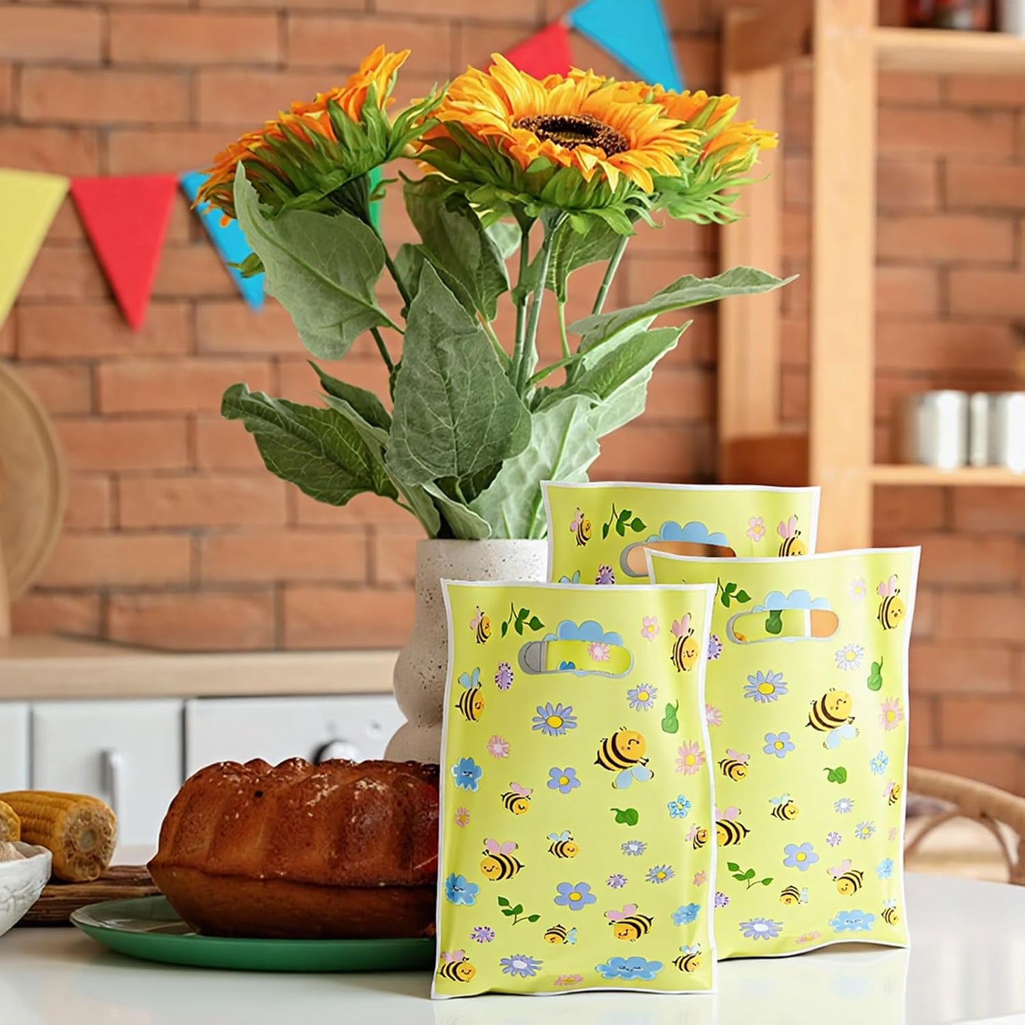 50PCS Bee Party Favors Bags with Handles Plastic Waterproof Goodie Bag Yellow Floral Gift Bags Candy Treat Gift Wrapping for Bee Themed Birthday Party Decoration Supplies