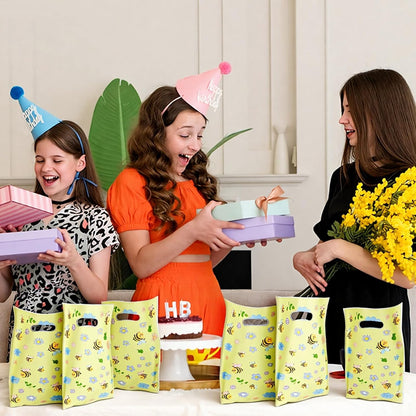 50PCS Bee Party Favors Bags with Handles Plastic Waterproof Goodie Bag Yellow Floral Gift Bags Candy Treat Gift Wrapping for Bee Themed Birthday Party Decoration Supplies