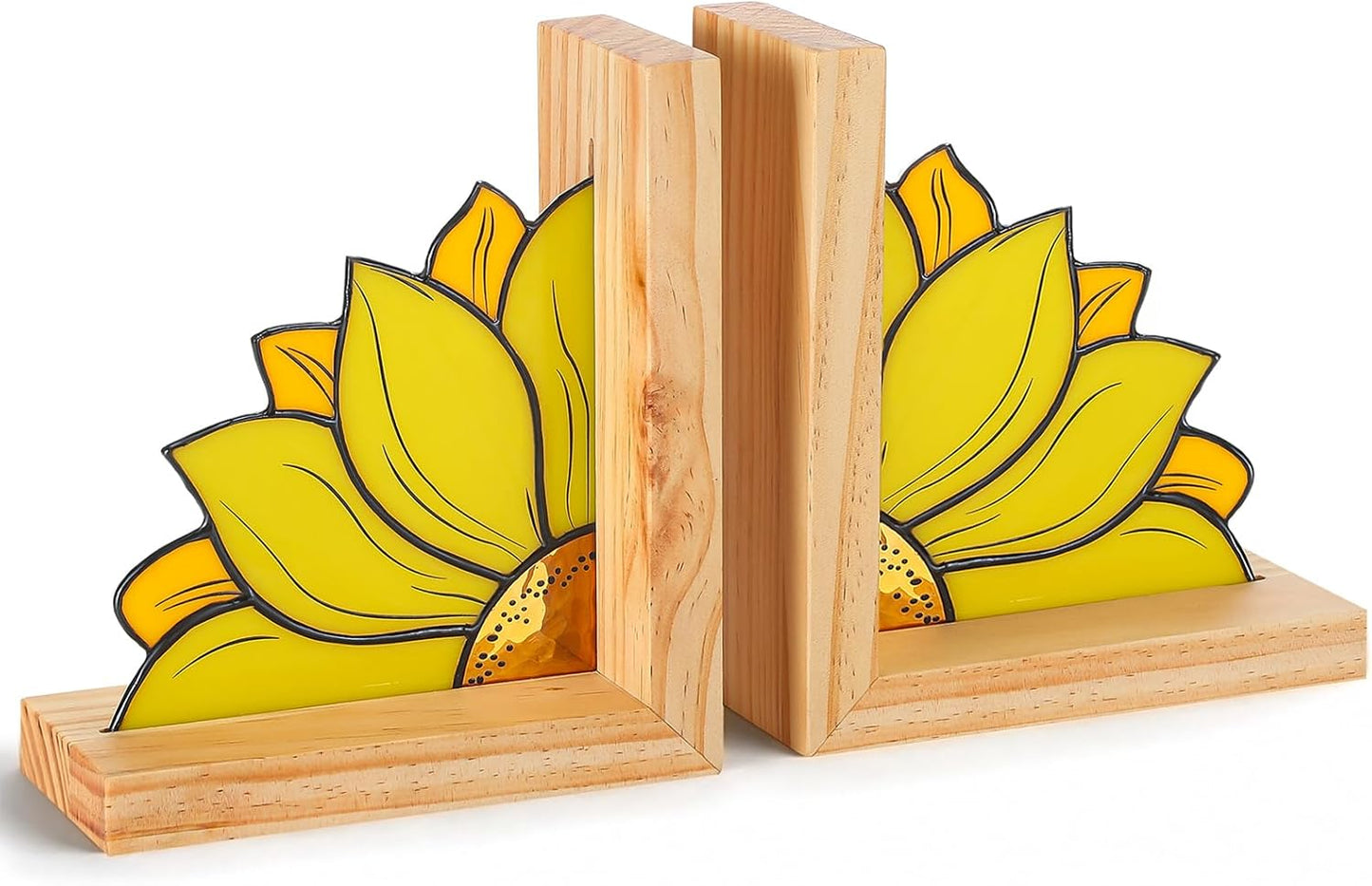 Sunflower Bookends with Oak Wood Base Stained Glass Novelty Bookends Organizer Cute Book Ends for Shelves Desks Libraries Book Lover Gift (Yellow)