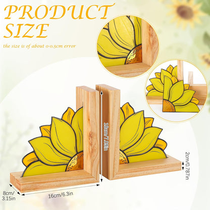 Sunflower Bookends with Oak Wood Base Stained Glass Novelty Bookends Organizer Cute Book Ends for Shelves Desks Libraries Book Lover Gift (Yellow)
