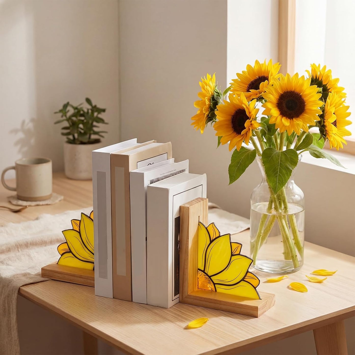 Sunflower Bookends with Oak Wood Base Stained Glass Novelty Bookends Organizer Cute Book Ends for Shelves Desks Libraries Book Lover Gift (Yellow)