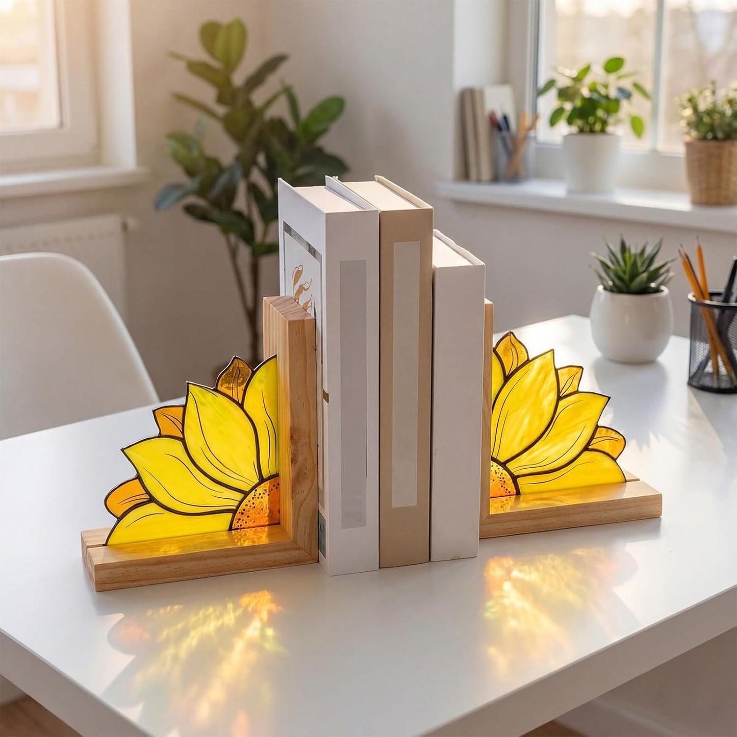 Sunflower Bookends with Oak Wood Base Stained Glass Novelty Bookends Organizer Cute Book Ends for Shelves Desks Libraries Book Lover Gift (Yellow)