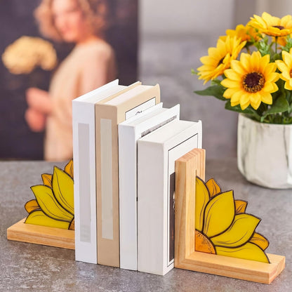Sunflower Bookends with Oak Wood Base Stained Glass Novelty Bookends Organizer Cute Book Ends for Shelves Desks Libraries Book Lover Gift (Yellow)