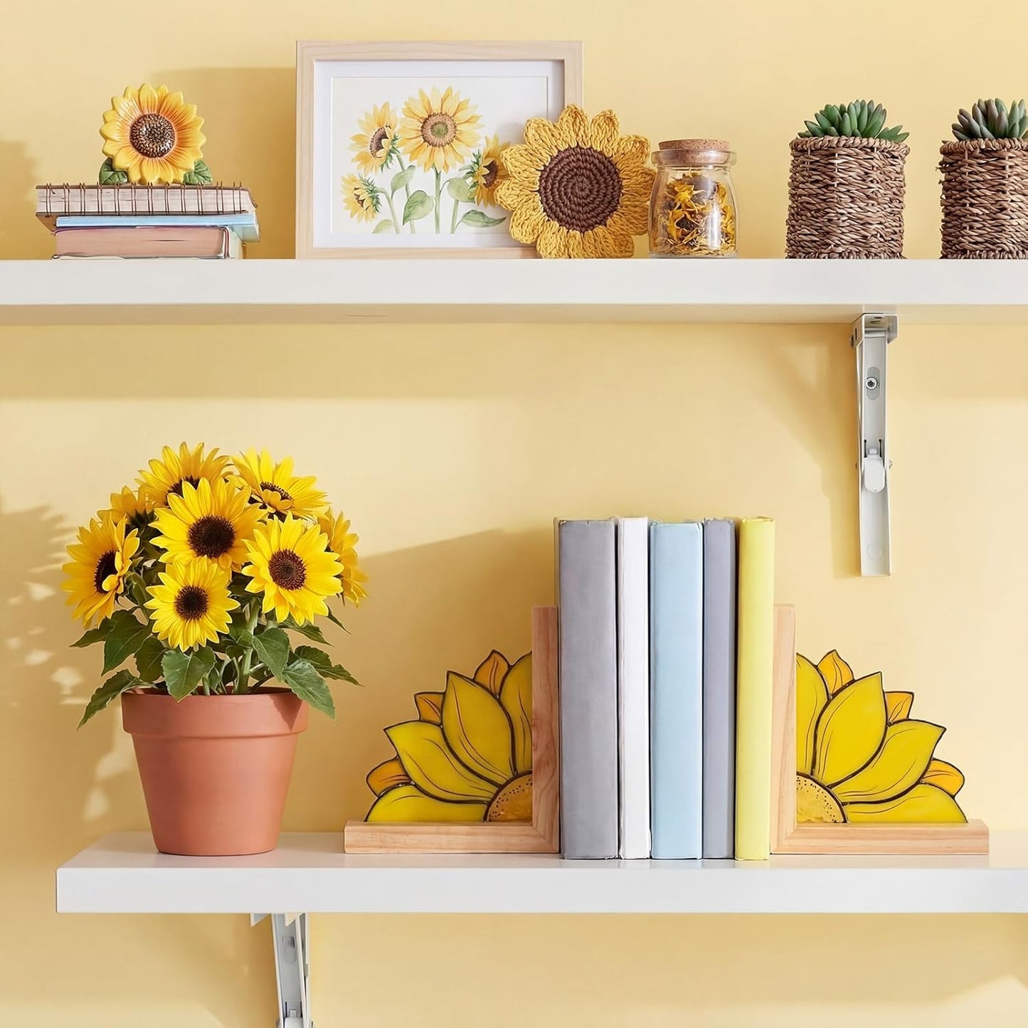Sunflower Bookends with Oak Wood Base Stained Glass Novelty Bookends Organizer Cute Book Ends for Shelves Desks Libraries Book Lover Gift (Yellow)