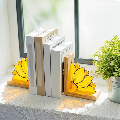 Sunflower Bookends with Oak Wood Base Stained Glass Novelty Bookends Organizer Cute Book Ends for Shelves Desks Libraries Book Lover Gift (Yellow)