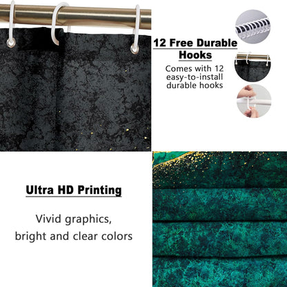 Poedist 4 Pcs Gold Edge Marble Bathroom Shower Curtain Set, Bathroom Sets with Shower Curtain and Rugs(Bath Mat,U Shape and Toilet Lid Cover Mat) and 12 Hooks-Green